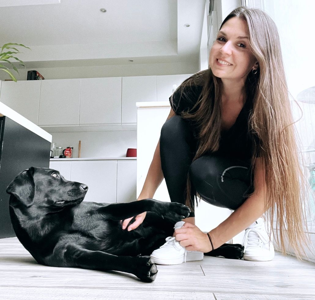 Astra, a black Labrador, lies down whilst being stroked by Lisa